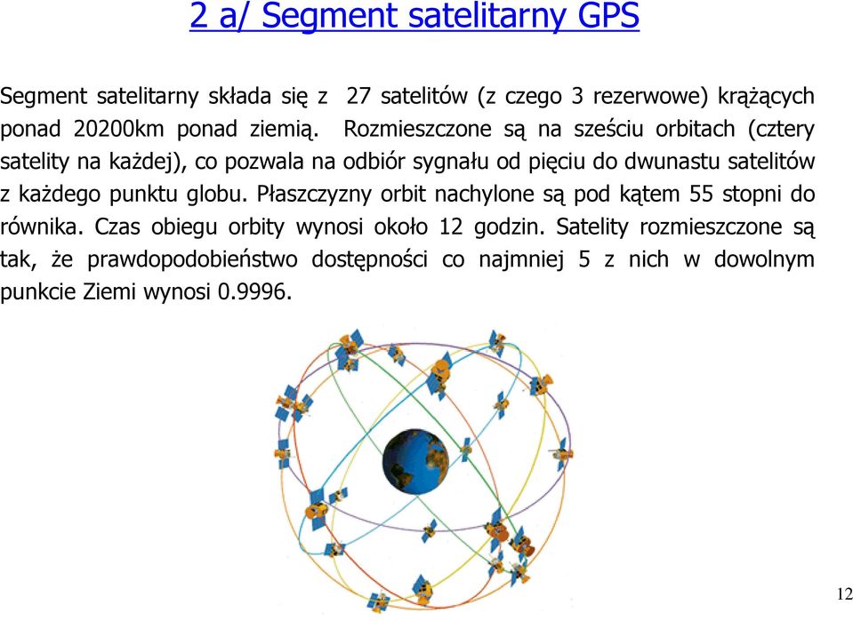 Rozmieszczone są na sześciu orbitach (cztery satelity na kaŝdej), co pozwala na odbiór sygnału od pięciu do dwunastu satelitów z