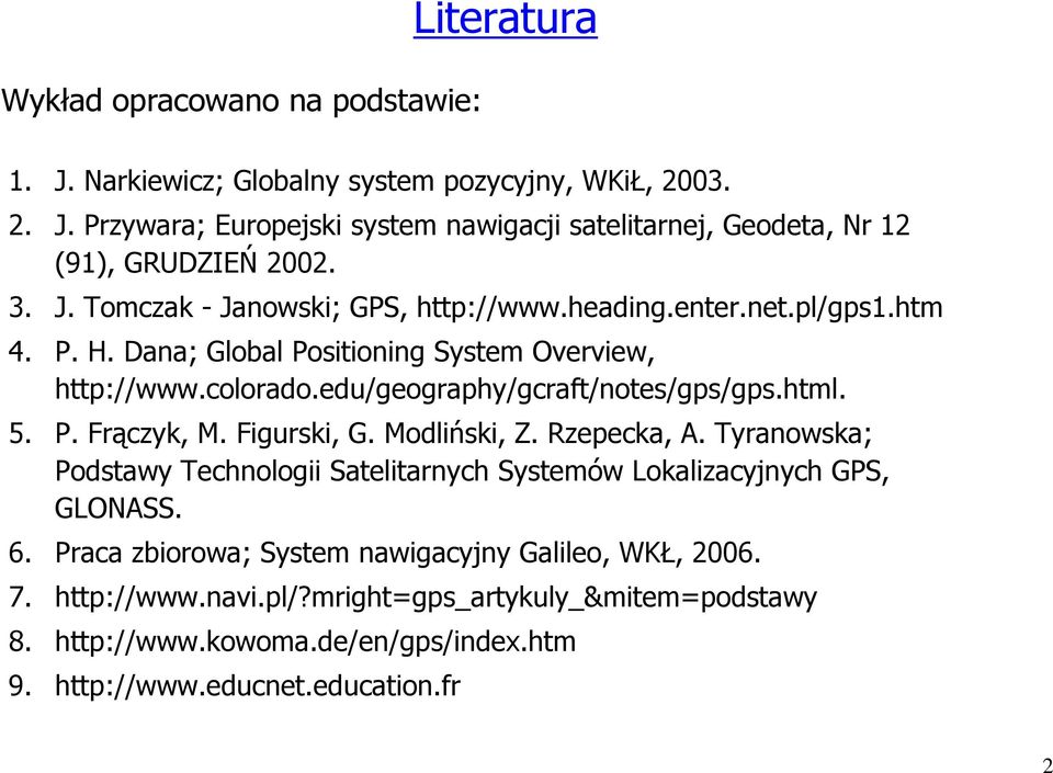 html. 5. P. Frączyk, M. Figurski, G. Modliński, Z. Rzepecka, A. Tyranowska; Podstawy Technologii Satelitarnych Systemów Lokalizacyjnych GPS, GLONASS. 6.