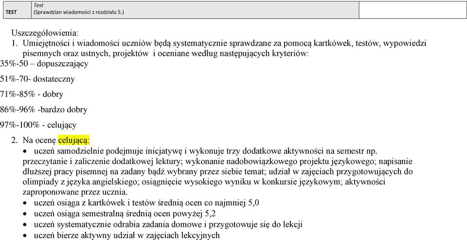 dopuszczający 51%-70- dostateczny 71%-85% - dobry 86%-96% -bardzo dobry 97%-100% - celujący 2.
