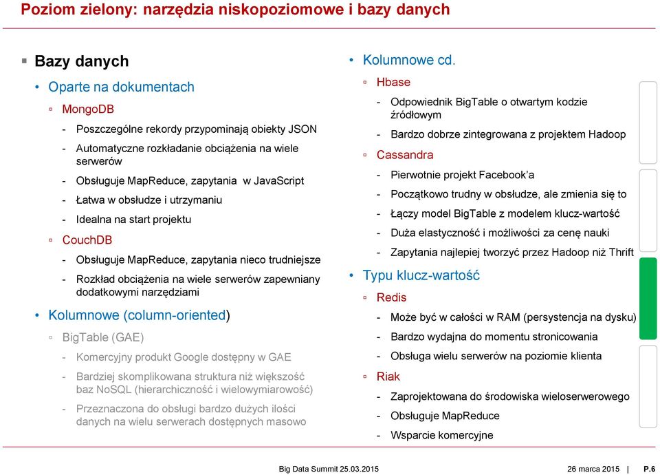 wiele serwerów zapewniany dodatkowymi narzędziami Kolumnowe (column-oriented) BigTable (GAE) - Komercyjny produkt Google dostępny w GAE - Bardziej skomplikowana struktura niż większość baz NoSQL