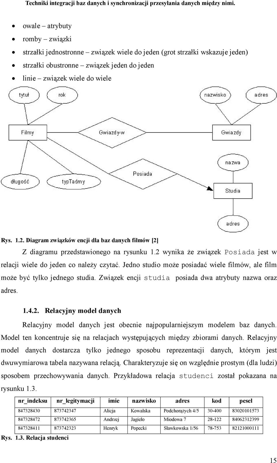 Jedno studio moŝe posiadać wiele filmów, ale film moŝe być tylko jednego studia. Związek encji studia posiada dwa atrybuty nazwa oraz adres. 1.4.2.