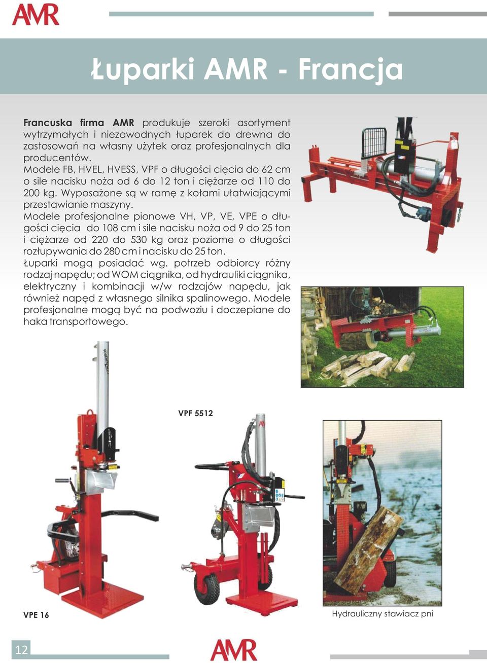 Modele profesjonalne pionowe VH, VP, VE, VPE o długości cięcia do 108 cm i sile nacisku noża od 9 do 5 ton i ciężarze od 0 do 530 kg oraz poziome o długości rozłupywania do 80 cm i nacisku do 5 ton.