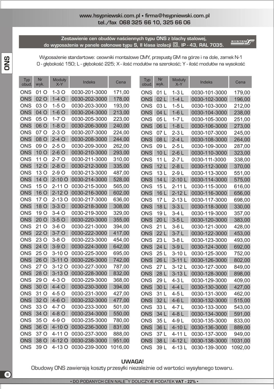 Modu³y X-Y ONS 01 O 1-3 O 0030-201-3000 171,00 ONS 02 O 1-4 O 0030-202-3000 178,00 ONS 03 O 1-5 O 0030-203-3000 193,00 ONS 04 O 1-6 O 0030-204-3000 213,00 ONS 05 O 1-7 O 0030-205-3000 223,00 ONS 06 O