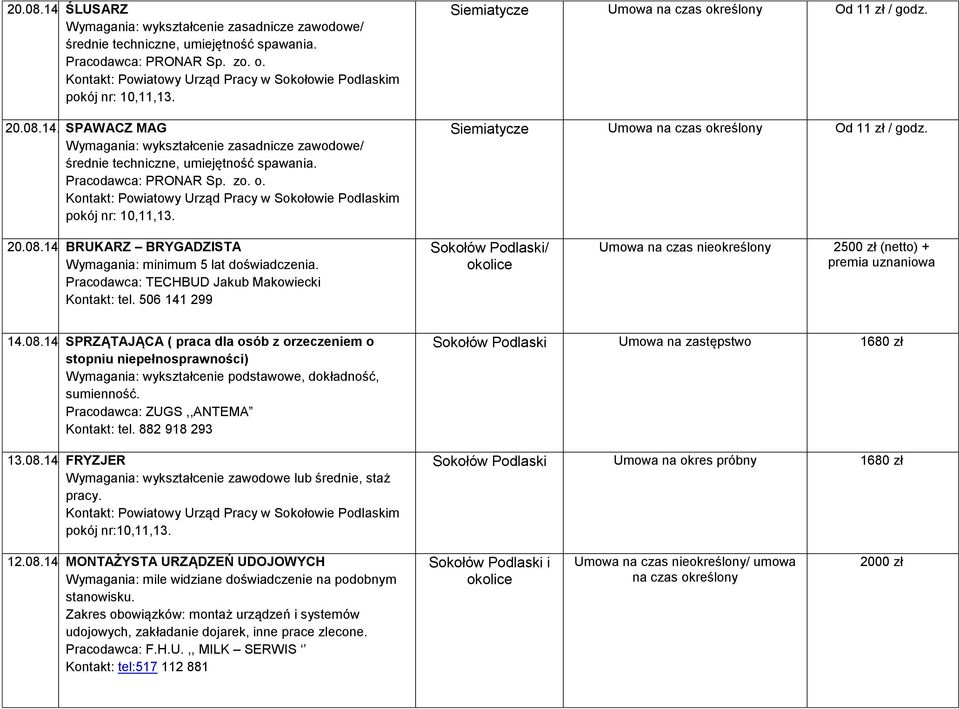 14 BRUKARZ BRYGADZISTA Wymagania: minimum 5 lat doświadczenia. Pracodawca: TECHBUD Jakub Makowiecki Kontakt: tel.