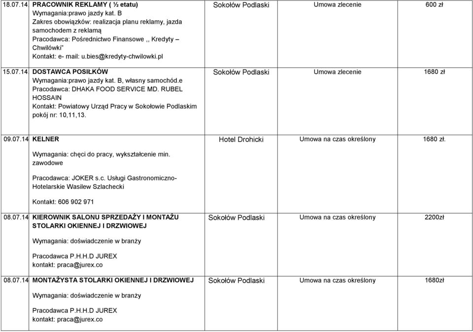 DOSTAWCA POSIŁKÓW Wymagania:prawo jazdy kat. B, własny samochód.e Pracodawca: DHAKA FOOD SERVICE MD. RUBEL HOSSAIN pokój nr: 10,11,13.