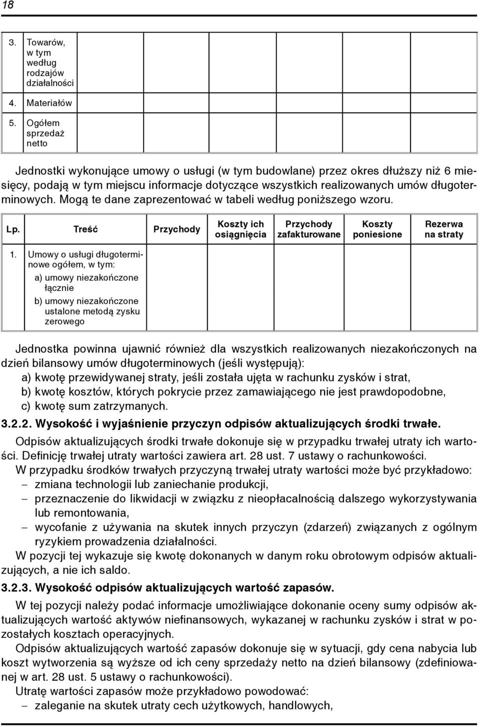 długoterminowych. Mogą te dane zaprezentować w tabeli według poniższego wzoru. Lp. Treść Przychody Koszty ich osiągnięcia Przychody zafakturowane Koszty poniesione Rezerwa na straty 1.