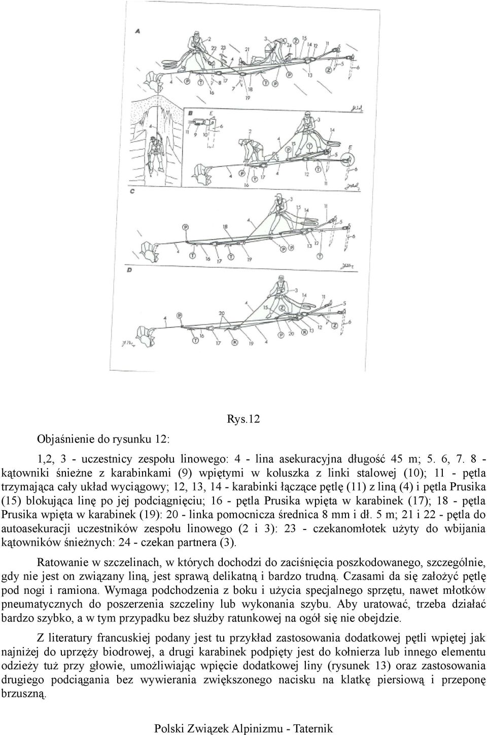 blokująca linę po jej podciągnięciu; 16 - pętla Prusika wpięta w karabinek (17); 18 - pętla Prusika wpięta w karabinek (19): 20 - linka pomocnicza średnica 8 mm i dł.