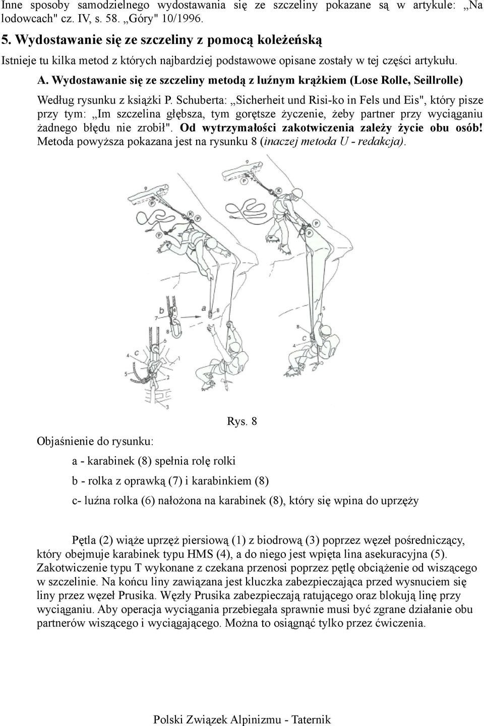 Wydostawanie się ze szczeliny metodą z luźnym krążkiem (Lose Rolle, Seillrolle) Według rysunku z książki P.