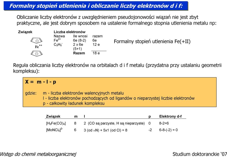 obliczania liczby elektronów na orbitalach d i f metalu (przydatna przy ustalaniu geometrii kompleksu): X = m - l - p gdzie: m - liczba elektronów walencyjnych metalu l - liczba elektronów