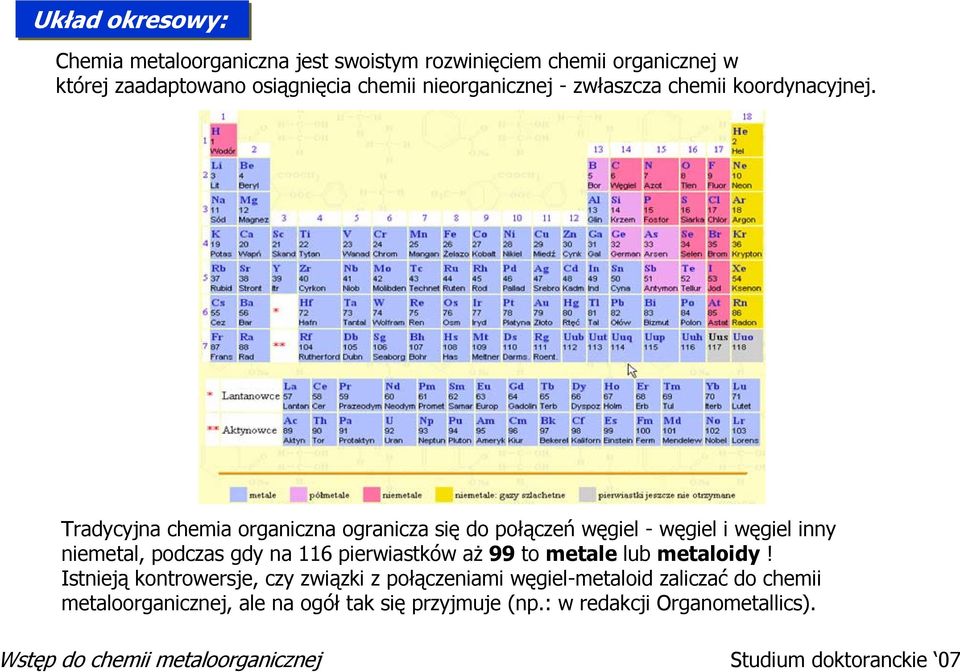 Tradycyjna chemia organiczna ogranicza się do połączeń węgiel - węgiel i węgiel inny niemetal, podczas gdy na 116 pierwiastków aż 99