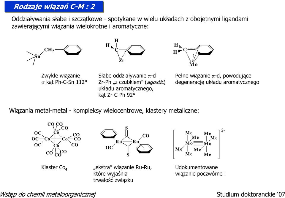 Zr-C-Ph 92 Pełne wiązanie π-d, powodujące degenerację układu aromatycznego Wiązania metal-metal - kompleksy wielocentrowe, klastery metaliczne: Co