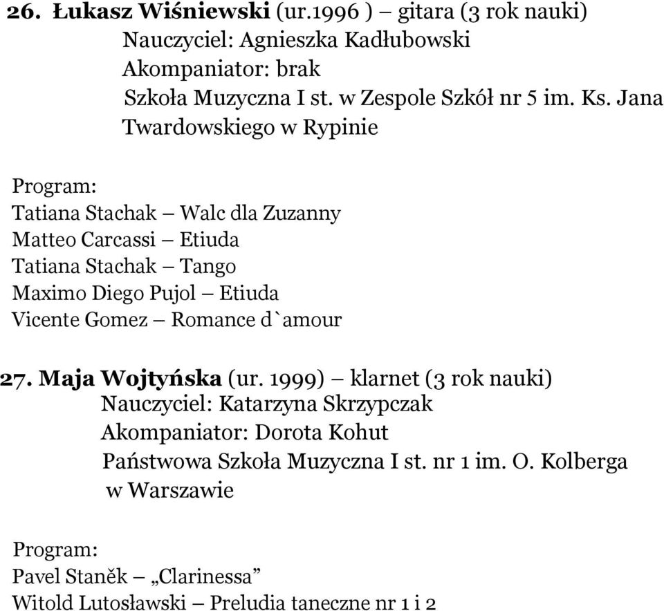 Jana Twardowskiego w Rypinie Tatiana Stachak Walc dla Zuzanny Matteo Carcassi Etiuda Tatiana Stachak Tango Maximo Diego Pujol Etiuda Vicente