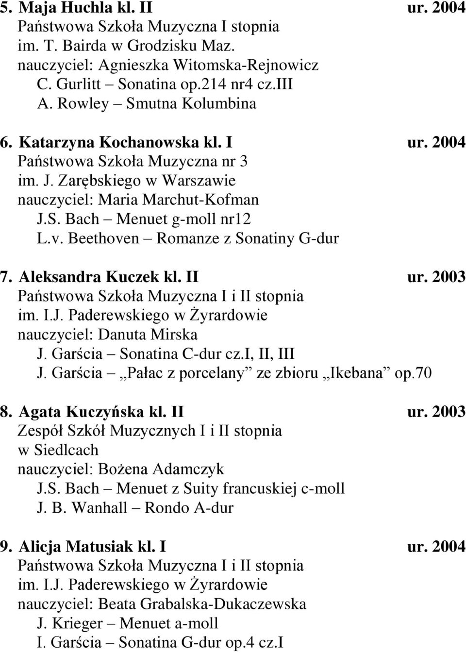 2003 nauczyciel: Danuta Mirska J. Garścia Sonatina C-dur cz.i, II, III J. Garścia Pałac z porcelany ze zbioru Ikebana op.70 8. Agata Kuczyńska kl. II ur.
