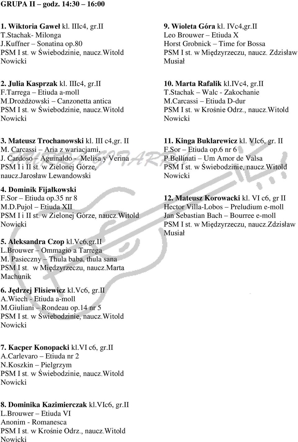 Carcassi Etiuda D-dur PSM I st. w Krośnie Odrz., naucz.witold 3. Mateusz Trochanowski kl. III c4,gr. II M. Carcassi Aria z wariacjami, J. Cardoso Aguinaldo - Melisa y Verina PSM I i II st.