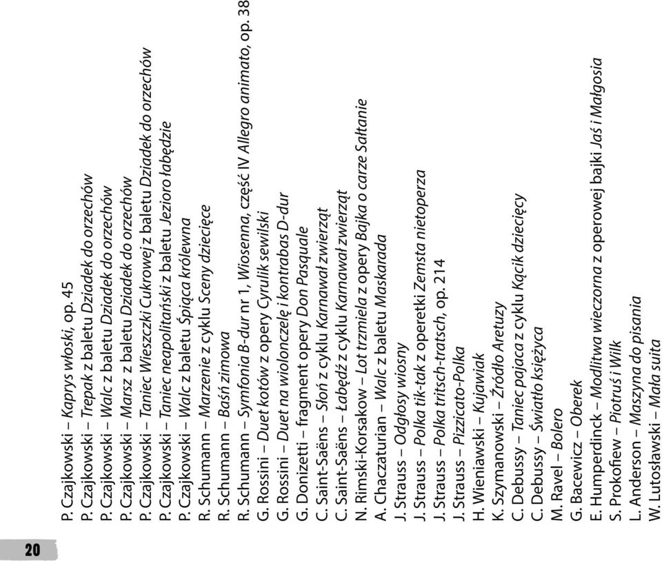 Schumann Marzenie z cyklu Sceny dziecięce R. Schumann Baśń zimowa R. Schumann Symfonia B-dur nr 1, Wiosenna, część IV Allegro animato, op. 38 G. Rossini Duet kotów z opery Cyrulik sewilski G.