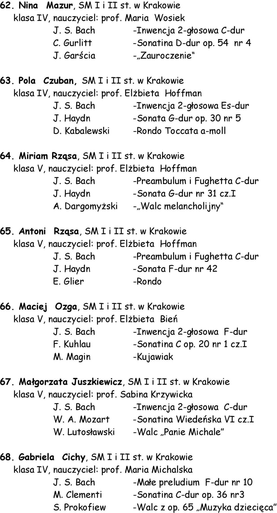 Miriam Rząsa, SM I i II st. w Krakowie klasa V, nauczyciel: prof. Elżbieta Hoffman J. S. Bach -Preambulum i Fughetta C-dur J. Haydn -Sonata G-dur nr 31 cz.i A. Dargomyżski - Walc melancholijny 65.