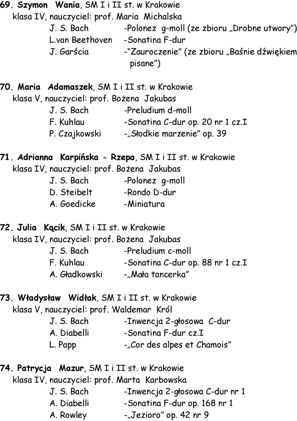 Kuhlau -Sonatina C-dur op. 20 nr 1 cz.i P. Czajkowski - Słodkie marzenie op. 39 71. Adrianna Karpińska - Rzepa, SM I i II st. w Krakowie klasa IV, nauczyciel: prof. Bożena Jakubas J. S. Bach -Polonez g-moll D.