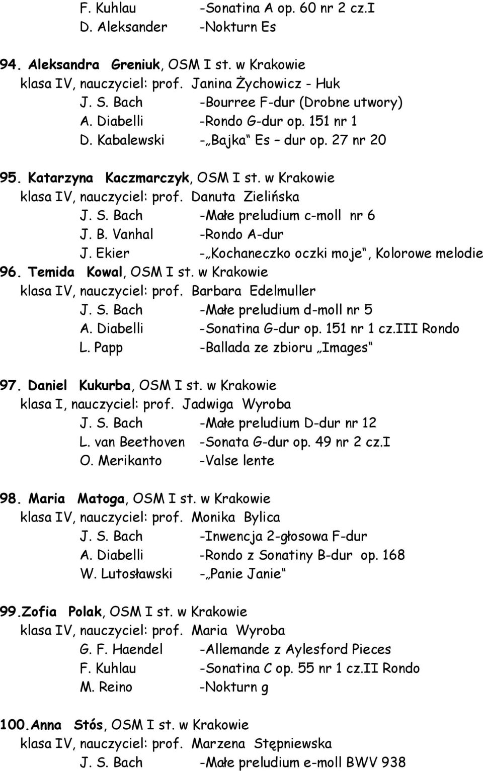 Danuta Zielińska J. S. Bach -Małe preludium c-moll nr 6 J. B. Vanhal -Rondo A-dur J. Ekier - Kochaneczko oczki moje, Kolorowe melodie 96. Temida Kowal, OSM I st. w Krakowie klasa IV, nauczyciel: prof.