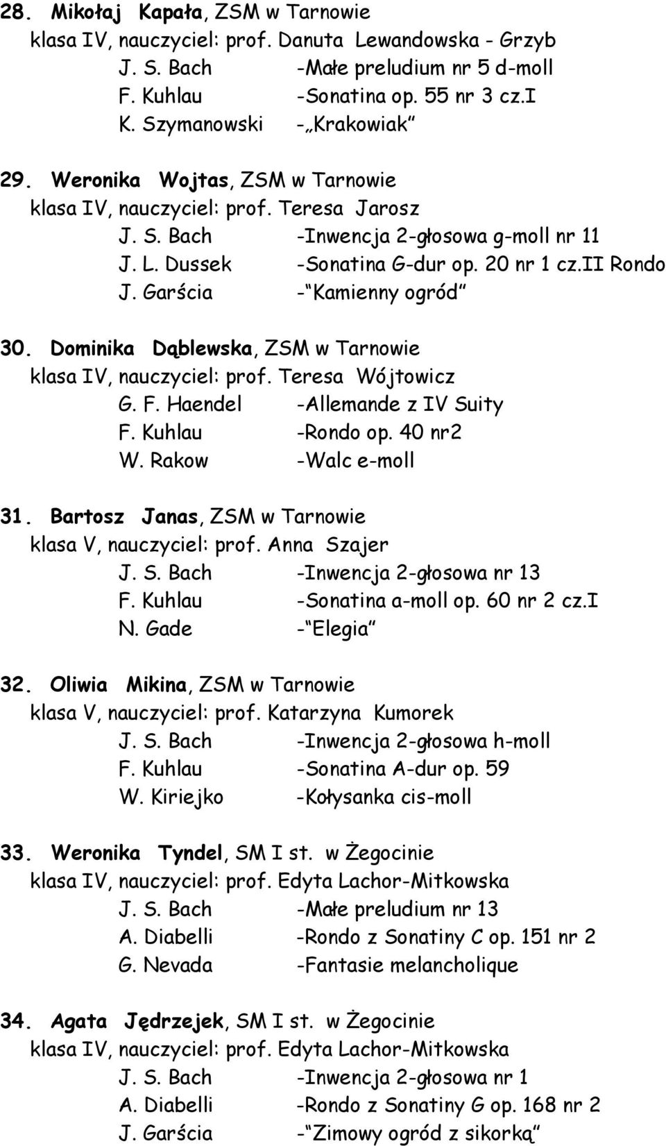 Garścia - Kamienny ogród 30. Dominika Dąblewska, ZSM w Tarnowie klasa IV, nauczyciel: prof. Teresa Wójtowicz G. F. Haendel -Allemande z IV Suity F. Kuhlau -Rondo op. 40 nr2 W. Rakow -Walc e-moll 31.