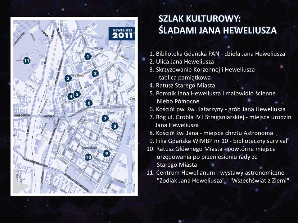 Katarzyny - grób Jana Heweliusza 7. Róg ul. Grobla IV i Straganiarskiej - miejsce urodzin Jana Heweliusza 8. Kościół św. Jana - miejsce chrztu Astronoma 9.