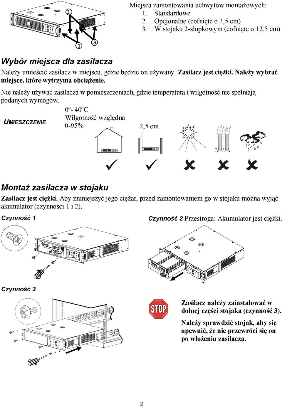 Należy wybrać miejsce, które wytrzyma obciążenie. Nie należy używać zasilacza w pomieszczeniach, gdzie temperatura i wilgotność nie spełniają podanych wymogów.