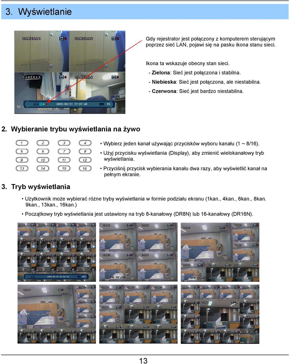 Tryb wyświetlania Wybierz jeden kanał używając przycisków wyboru kanału (1 ~ 8/16). Użyj przycisku wyświetlania (Display), aby zmienić wielokanałowy tryb wyświetlania.