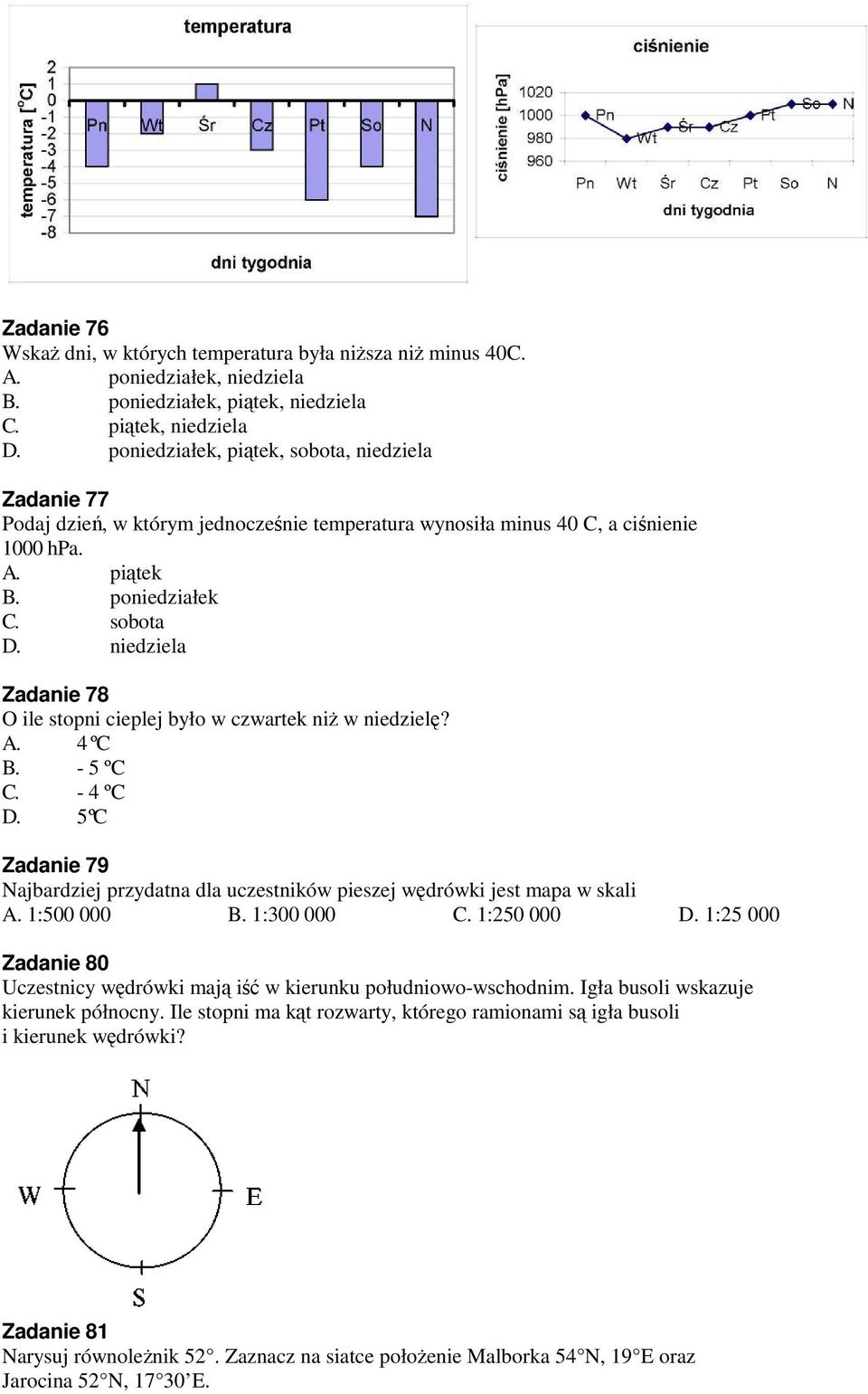 niedziela Zadanie 78 O ile stopni cieplej było w czwartek niż w niedzielę? A. 4 ºC B. - 5 ºC C. - 4 ºC D. 5 ºC Zadanie 79 Najbardziej przydatna dla uczestników pieszej wędrówki jest mapa w skali A.