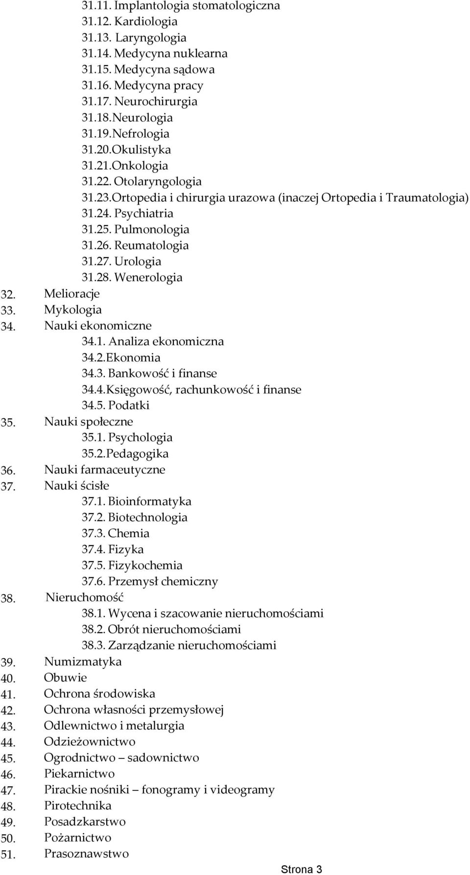 Reumatologia 31.27. Urologia 31.28. Wenerologia 32. Melioracje 33. Mykologia 34. Nauki ekonomiczne 34.1. Analiza ekonomiczna 34.2.Ekonomia 34.3. Bankowość i finanse 34.4.Księgowość, rachunkowość i finanse 34.