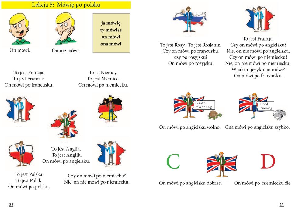 Nie, on nie mówi po niemiecku. W jakim języku on mówi? On mówi po francusku. G o o d m o r n i n g Good morning On mówi po angielsku wolno. Ona mówi po angielsku szybko. To jest Polska.