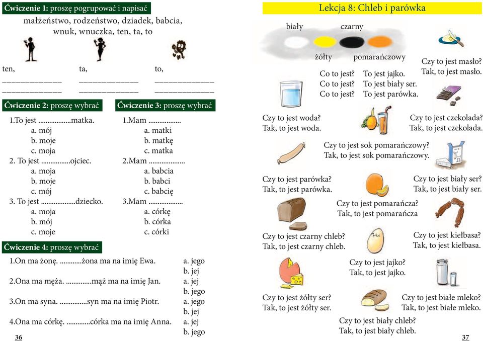 matkę c. matka 2.Mam... a. babcia b. babci c. babcię 3.Mam... a. córkę b. córka c. córki Czy to jest woda? Tak, to jest woda. pomarańczowy 1.On ma żonę....żona ma na imię Ewa. a. jego Czy to jest jajko?