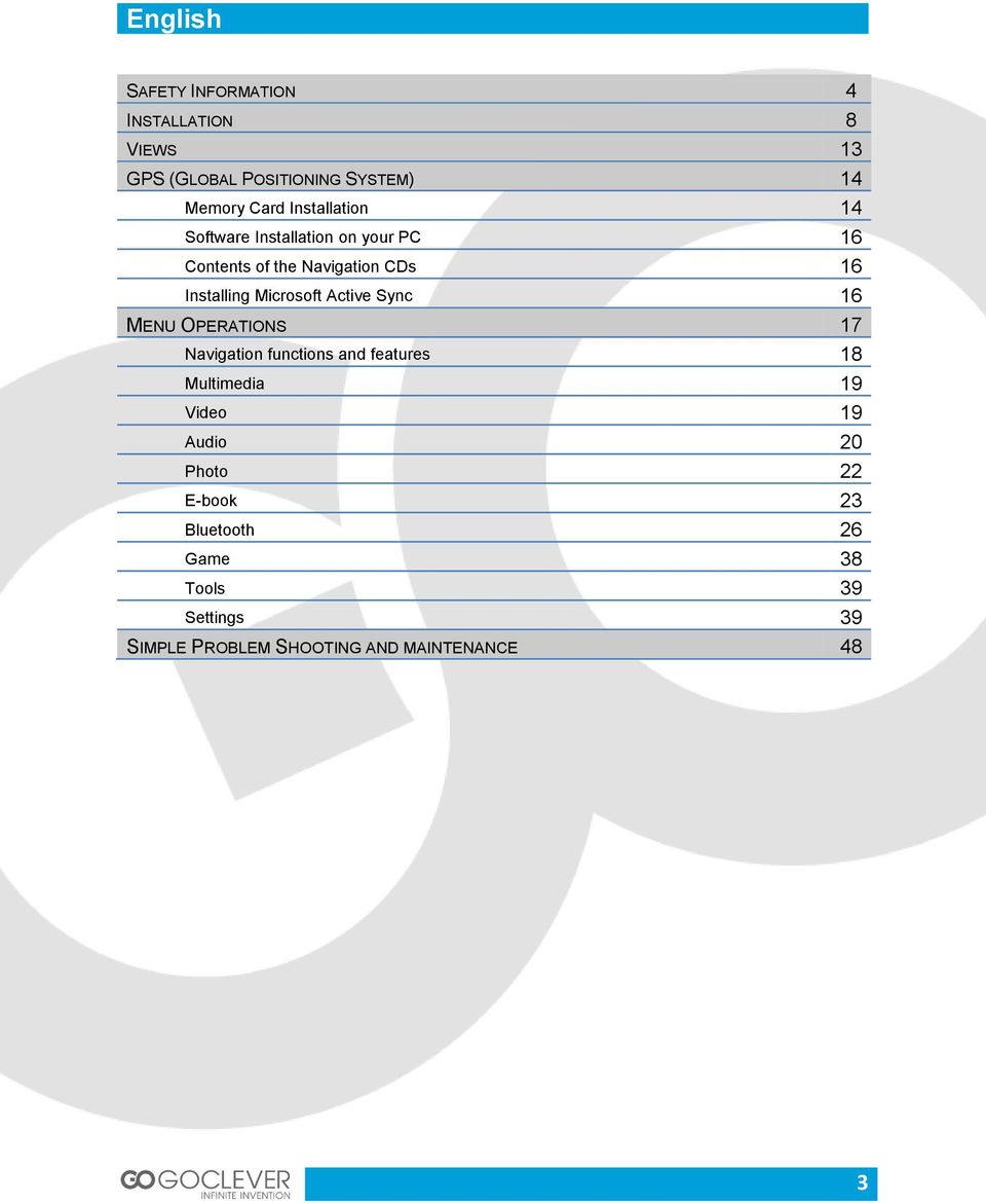 Microsoft Active Sync 16 MENU OPERATIONS 17 Navigation functions and features 18 Multimedia 19 Video 19