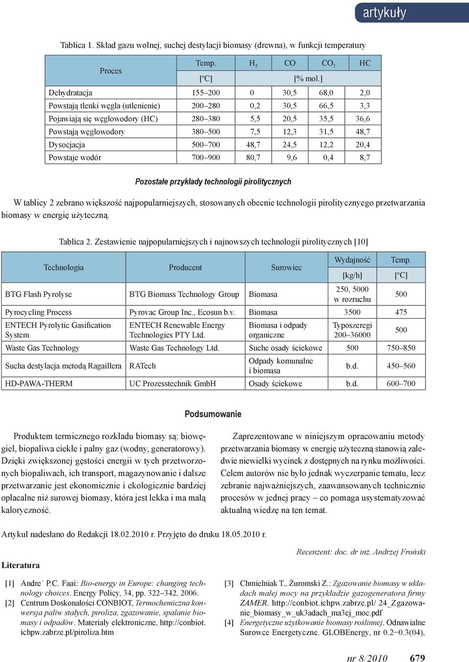 31,5 48,7 Dysocjacja 500 700 48,7 24,5 12,2 20,4 Powstaje wodór 700 900 80,7 9,6 0,4 8,7 Pozostałe przykłady technologii pirolitycznych W tablicy 2 zebrano większość najpopularniejszych, stosowanych