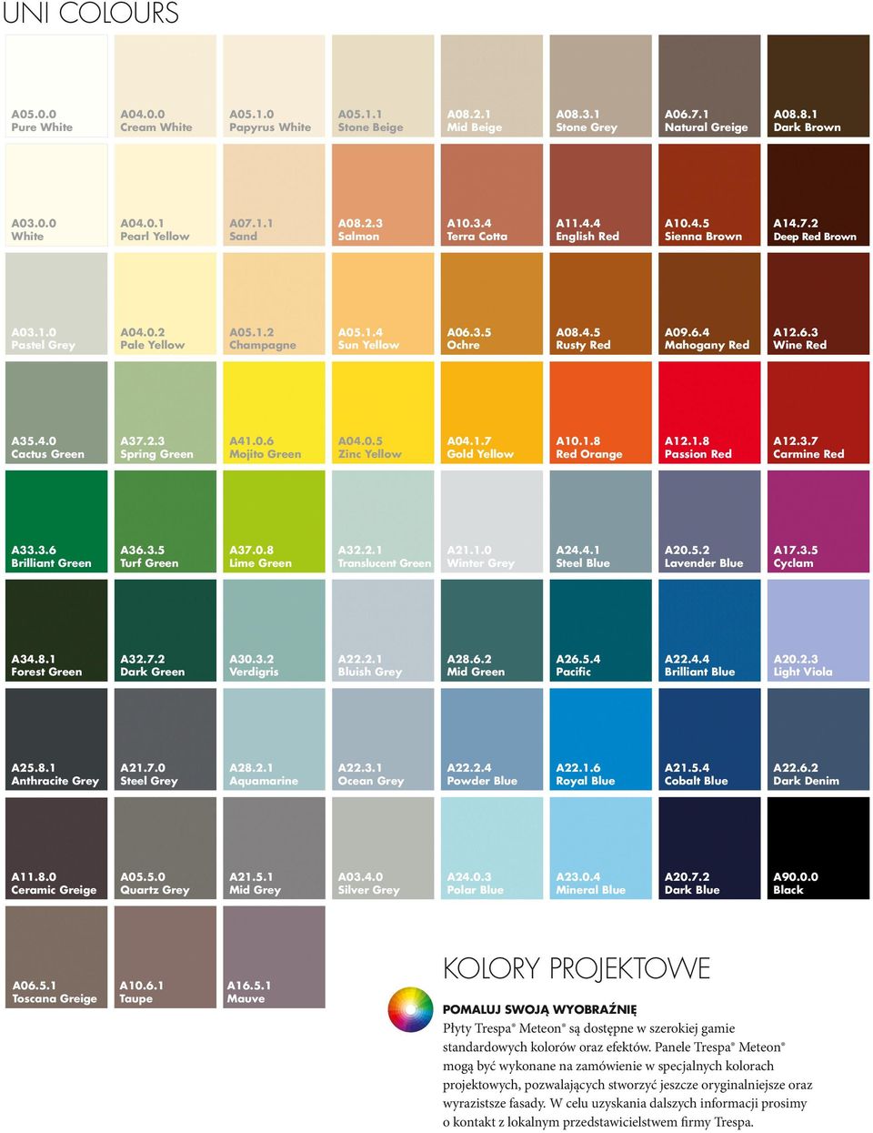 4.5 Rusty Red A09.6.4 Mahogany Red A12.6.3 Wine Red A35.4.0 Cactus Green A37.2.3 Spring Green A41.0.6 Mojito Green A04.0.5 Zinc Yellow A04.1.7 Gold Yellow A10.1.8 Red Orange A12.1.8 Passion Red A12.3.7 Carmine Red A33.