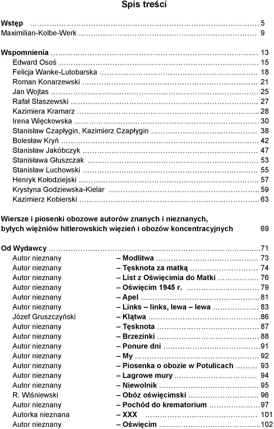 . 57 Krystyna Godziewska-Kielar.. 59 Kazimierz Kobierski.. 63 Wiersze i piosenki obozowe autorów znanych i nieznanych, byłych więźniów hitlerowskich więzień i obozów koncentracyjnych 69 Od Wydawcy.