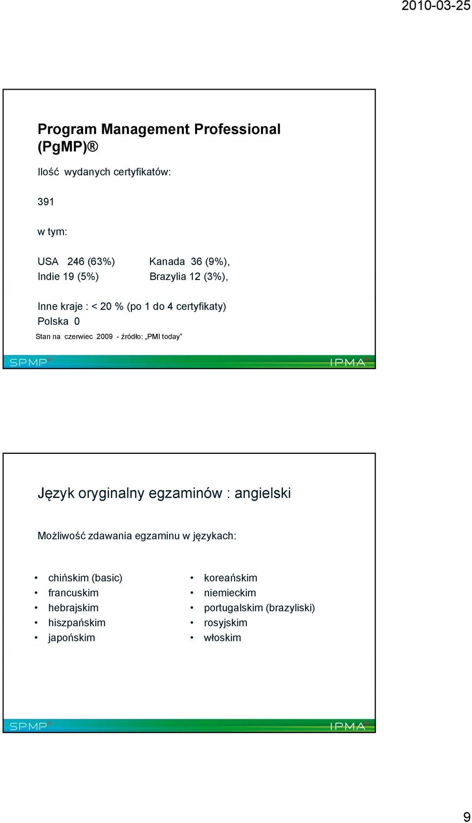 today Język oryginalny egzaminów : angielski Możliwość zdawania egzaminu w językach: chińskim (basic) francuskim