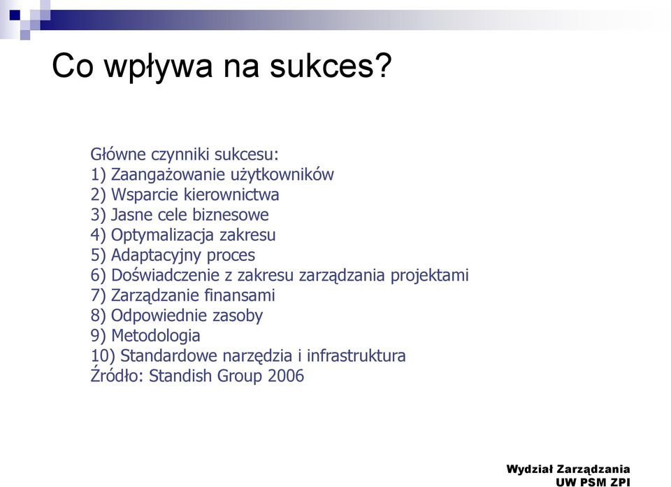 cele biznesowe 4) Optymalizacja zakresu 5) Adaptacyjny proces 6) Doświadczenie z zakresu