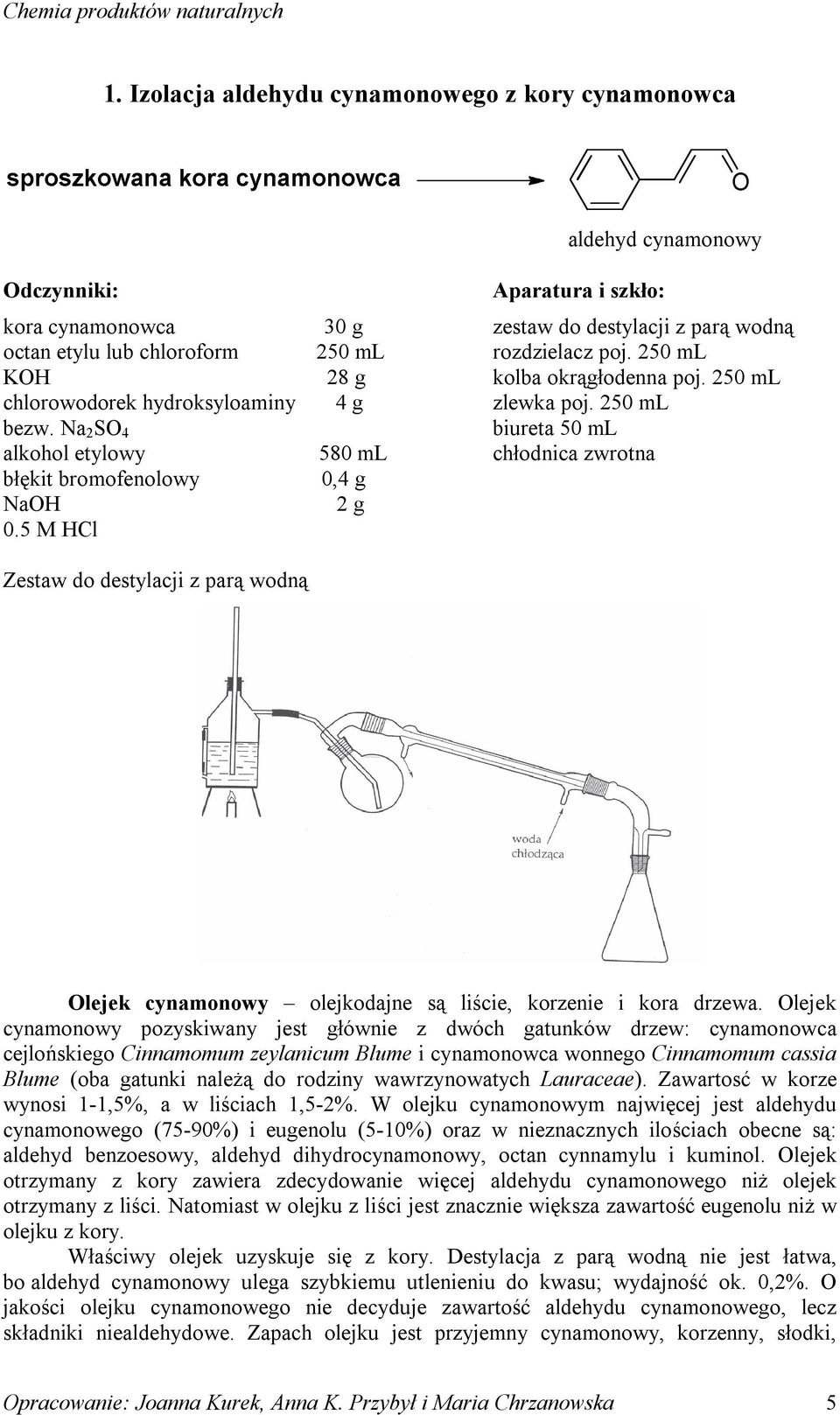 250 ml kolba okrągłodenna poj. 250 ml zlewka poj. 250 ml biureta 50 ml chłodnica zwrotna lejek cynamonowy olejkodajne są liście, korzenie i kora drzewa.