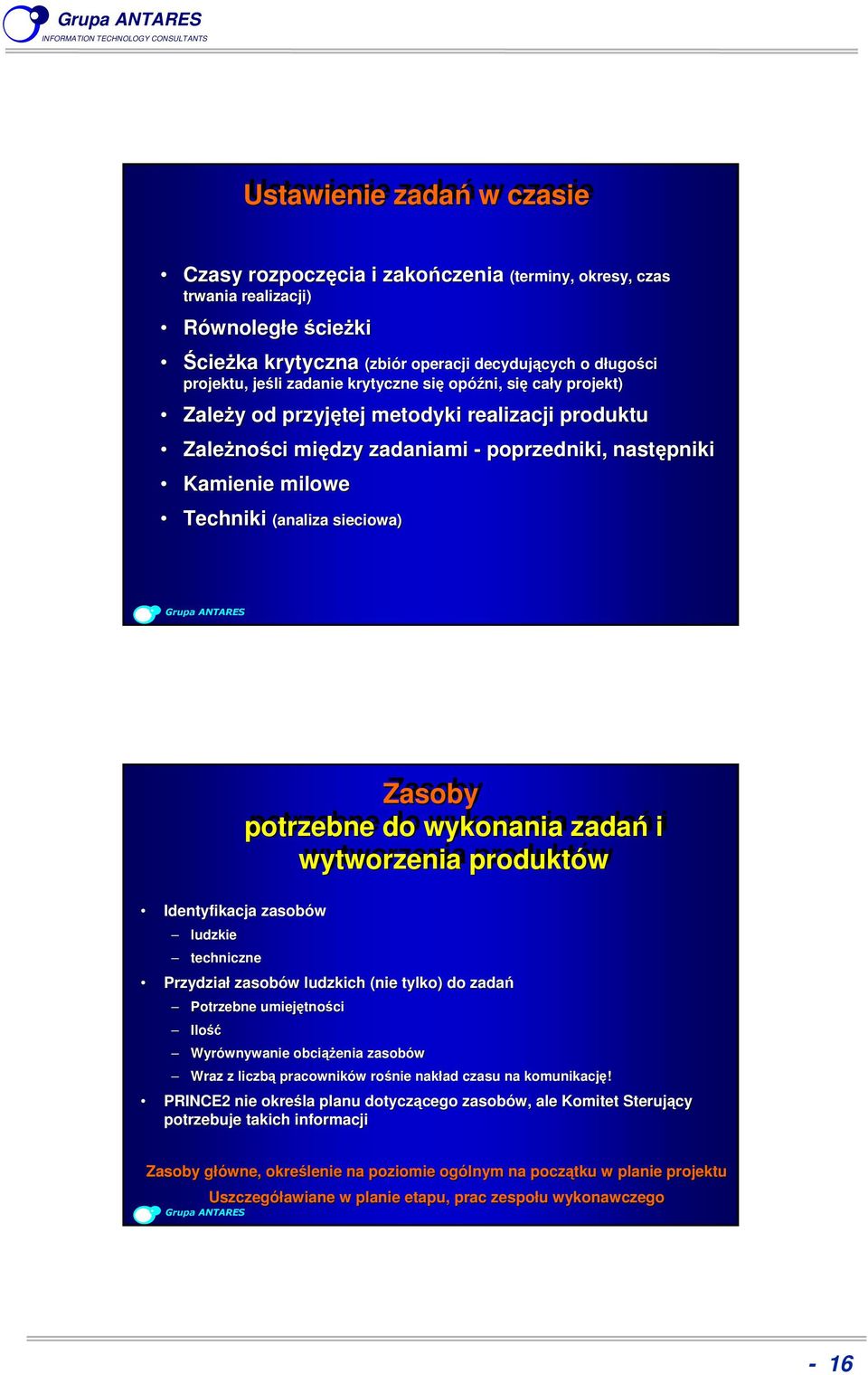 Identyfikacja zasobów ludzkie techniczne Zasoby potrzebne do wykonania zadań i wytworzenia produktów Przydział zasobów ludzkich (nie tylko) do zadań Potrzebne umiejętności Ilość Wyrównywanie