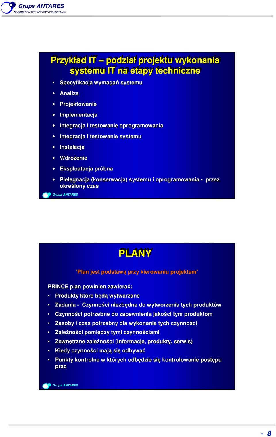 zawierać: Produkty które będą wytwarzane Zadania - Czynności niezbędne do wytworzenia tych produktów Czynności potrzebne do zapewnienia jakości tym produktom Zasoby i czas potrzebny dla wykonania