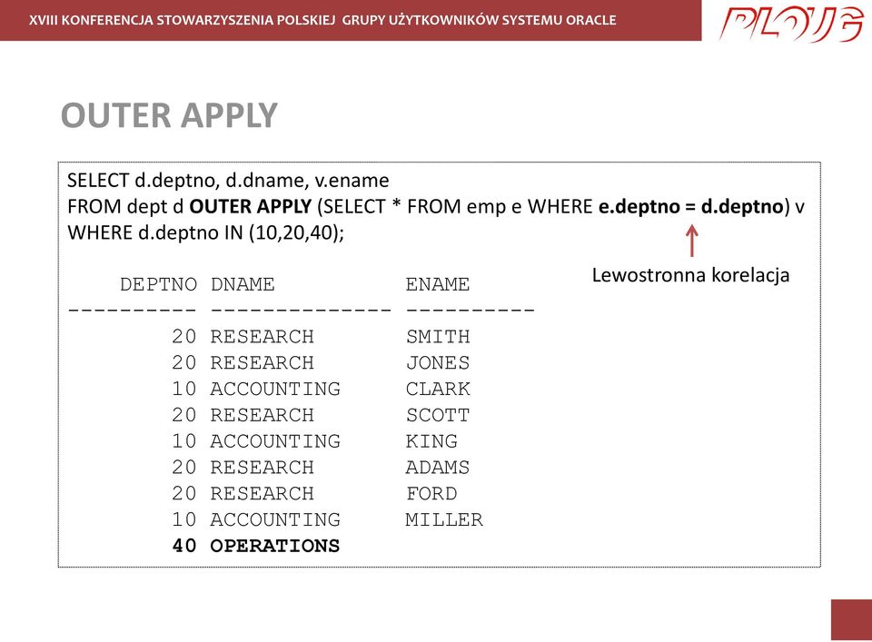 deptno IN (10,20,40); DEPTNO DNAME ENAME ---------- -------------- ---------- 20 RESEARCH SMITH