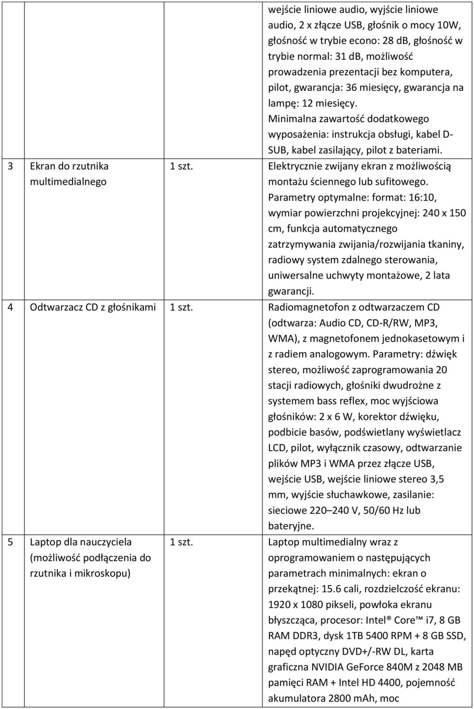 Minimalna zawartość dodatkowego wyposażenia: instrukcja obsługi, kabel D- SUB, kabel zasilający, pilot z bateriami. 1 szt. Elektrycznie zwijany ekran z możliwością montażu ściennego lub sufitowego.