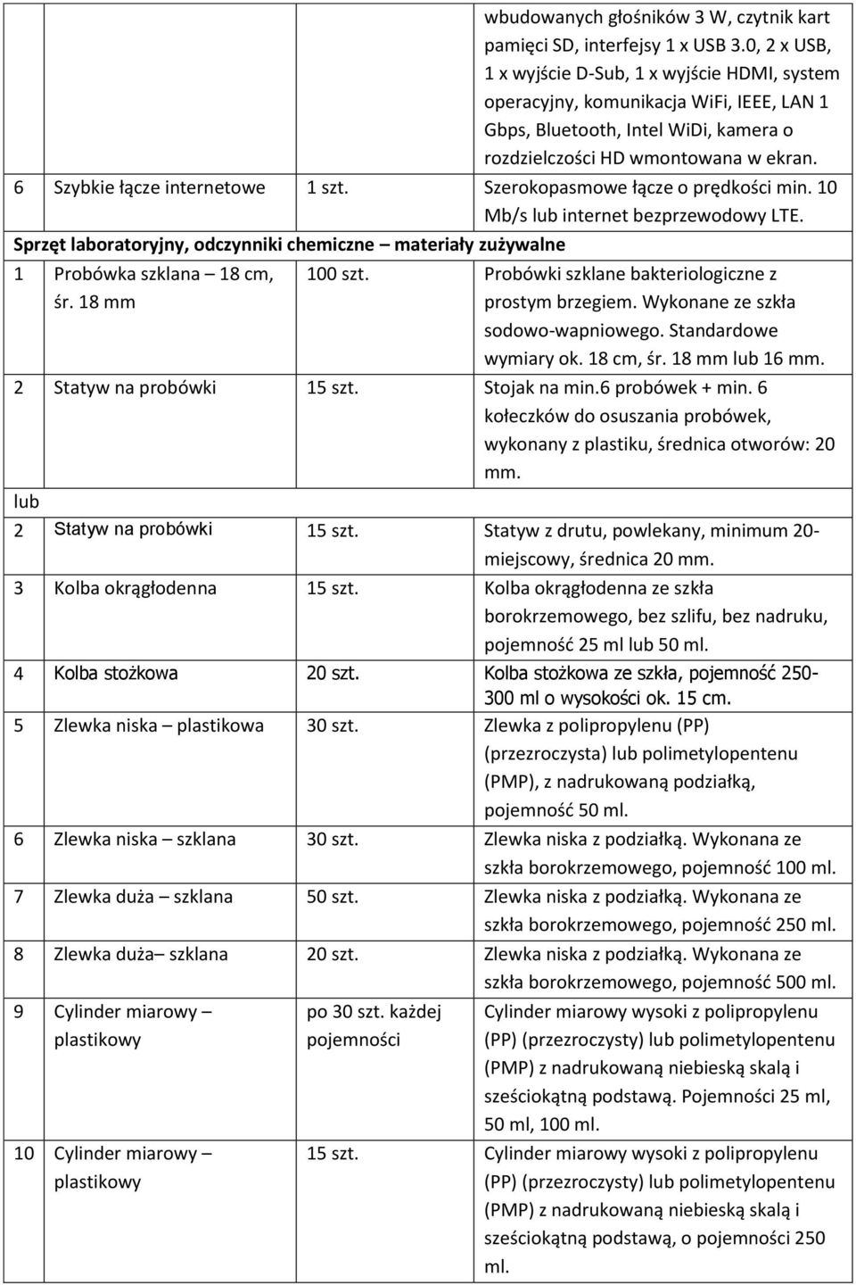 6 Szybkie łącze internetowe 1 szt. Szerokopasmowe łącze o prędkości min. 10 Mb/s lub internet bezprzewodowy LTE.