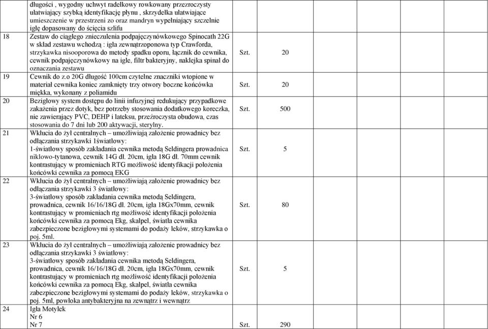 oporu, łącznik do cewnika, Szt. 20 cewnik podpajęczynówkowy na igle, filtr bakteryjny, naklejka spinal do oznaczania zestawu 19 Cewnik do z.