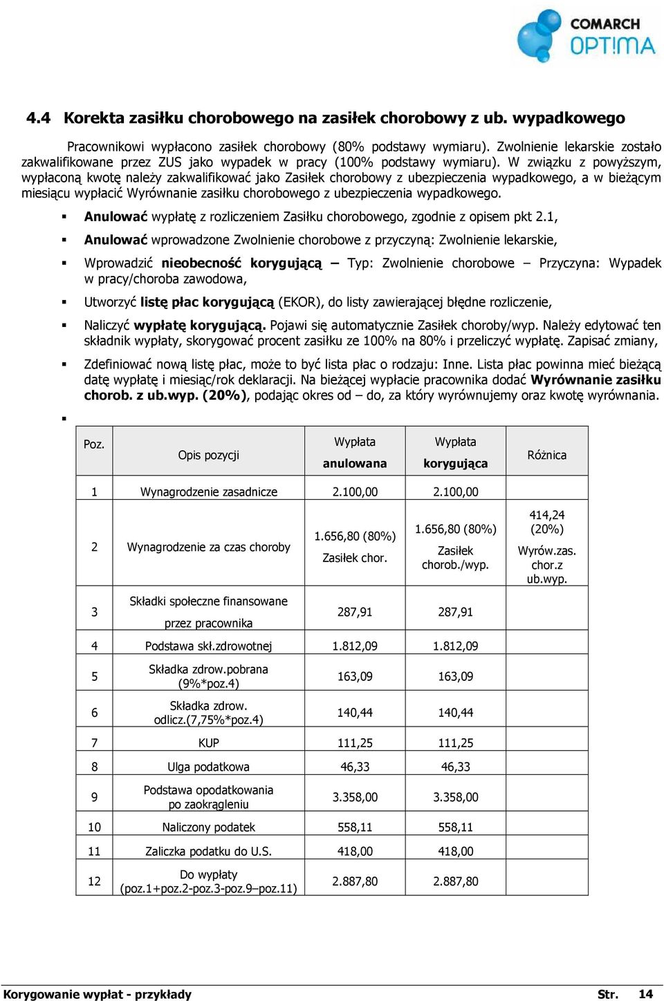 W związku z powyŝszym, wypłaconą kwotę naleŝy zakwalifikować jako Zasiłek chorobowy z ubezpieczenia wypadkowego, a w bieŝącym miesiącu wypłacić Wyrównanie zasiłku chorobowego z ubezpieczenia