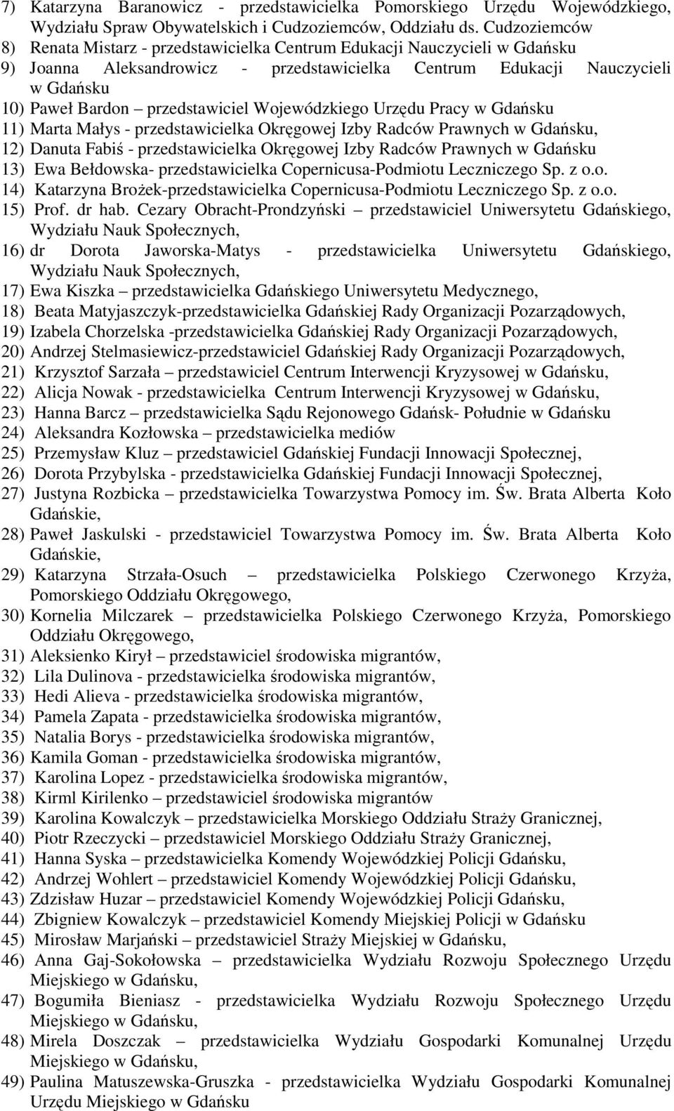 przedstawiciel Wojewódzkiego Urzędu Pracy w Gdańsku 11) Marta Małys - przedstawicielka Okręgowej Izby Radców Prawnych 12) Danuta Fabiś - przedstawicielka Okręgowej Izby Radców Prawnych w Gdańsku 13)