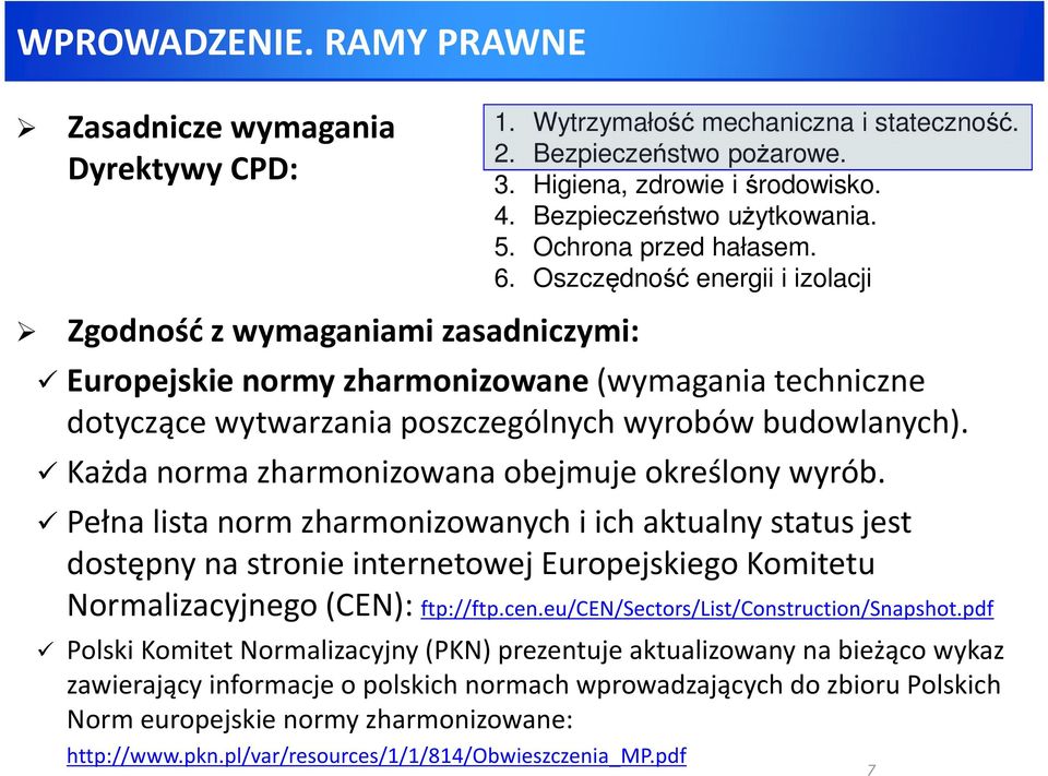 Oszczędność energii i izolacji Zgodność z wymaganiami zasadniczymi: Europejskie normy zharmonizowane (wymagania techniczne dotyczące wytwarzania poszczególnych wyrobów budowlanych).