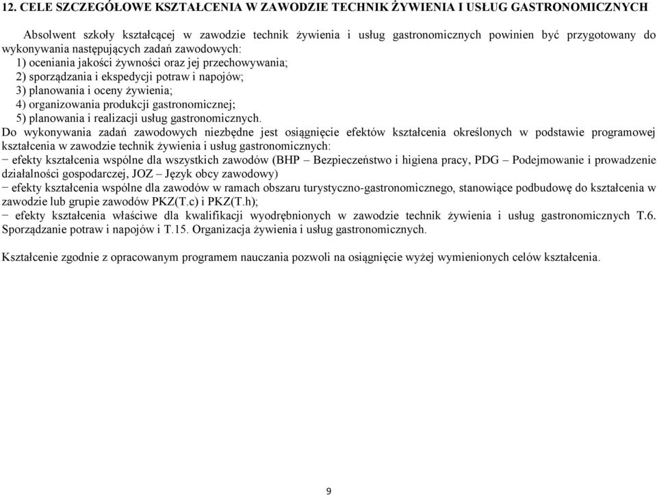 produkcji gastronomicznej; 5) planowania i realizacji usług gastronomicznych.