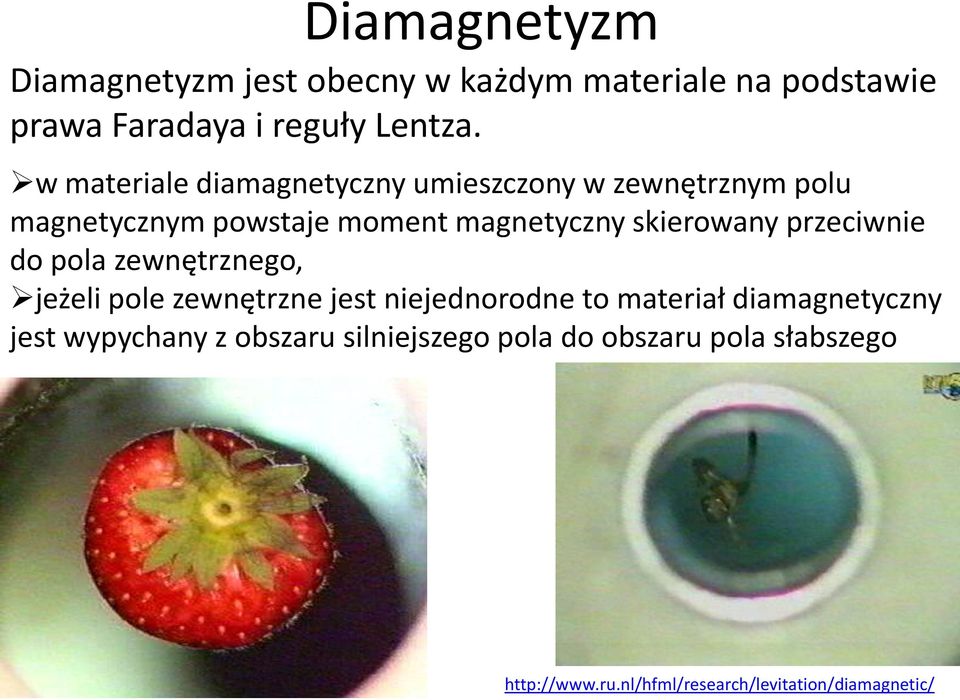 przeciwnie do pola zewnętrznego, jeżeli pole zewnętrzne jest niejednorodne to materiał diamagnetyczny jest