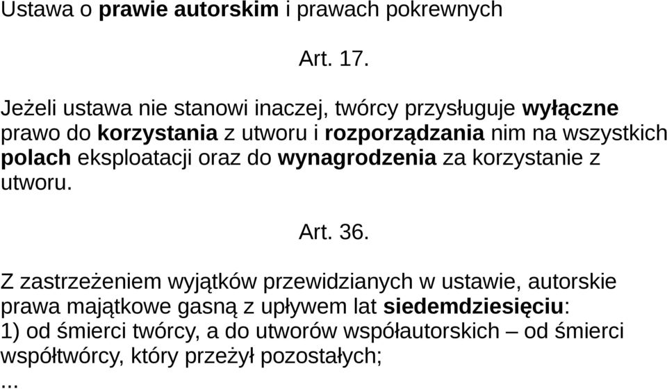 wszystkich polach eksploatacji oraz do wynagrodzenia za korzystanie z utworu. Art. 36.