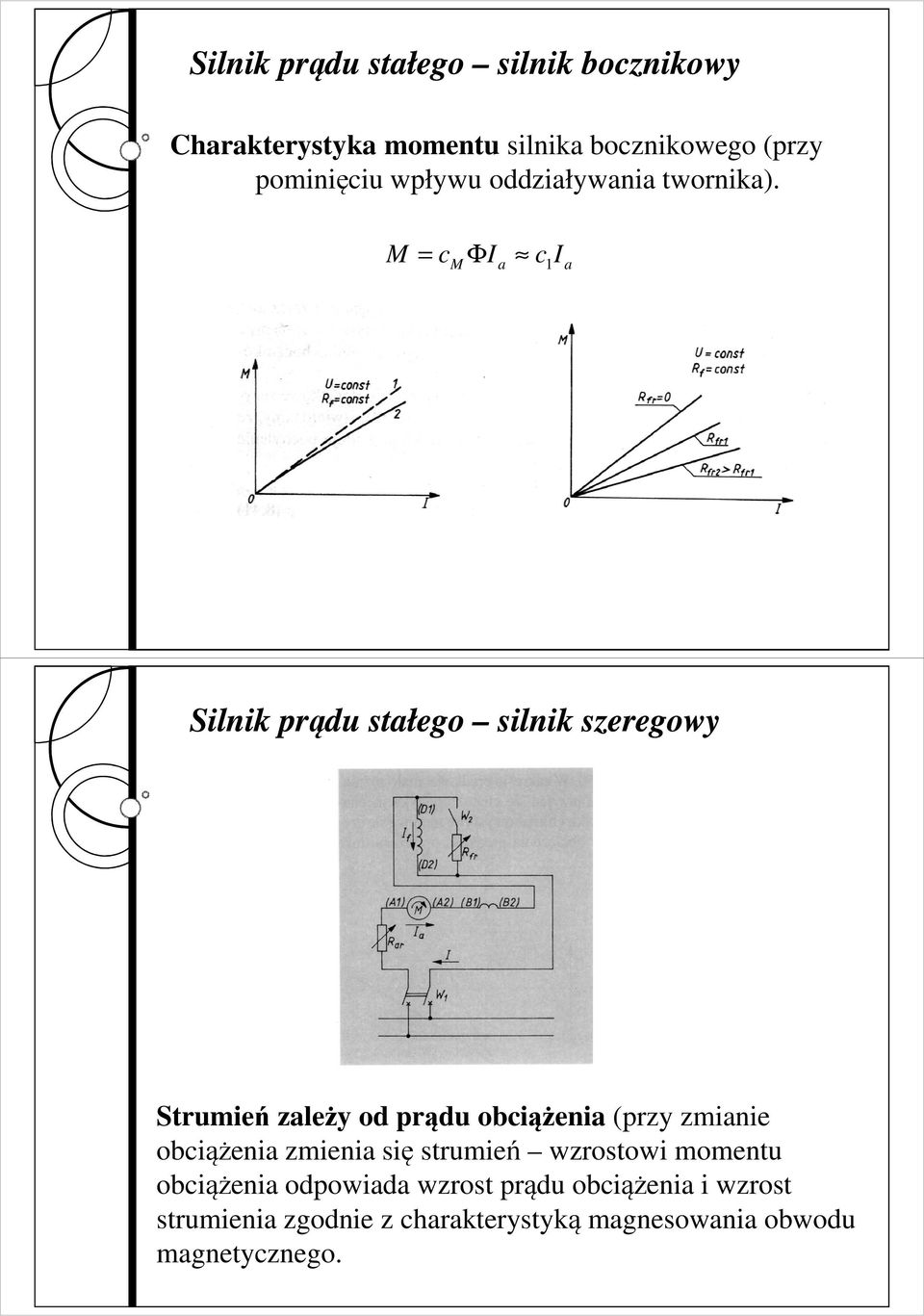 M cm ΦI a c1 I a Silnik prądu stałego silnik szeregowy Strumień zależy od prądu obciążenia (przy
